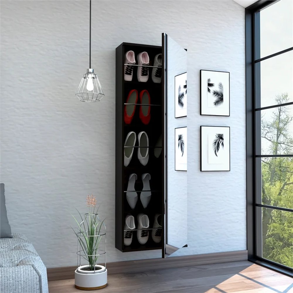 Stylish Black Wengue Wall Mounted Shoe Rack with Mirror