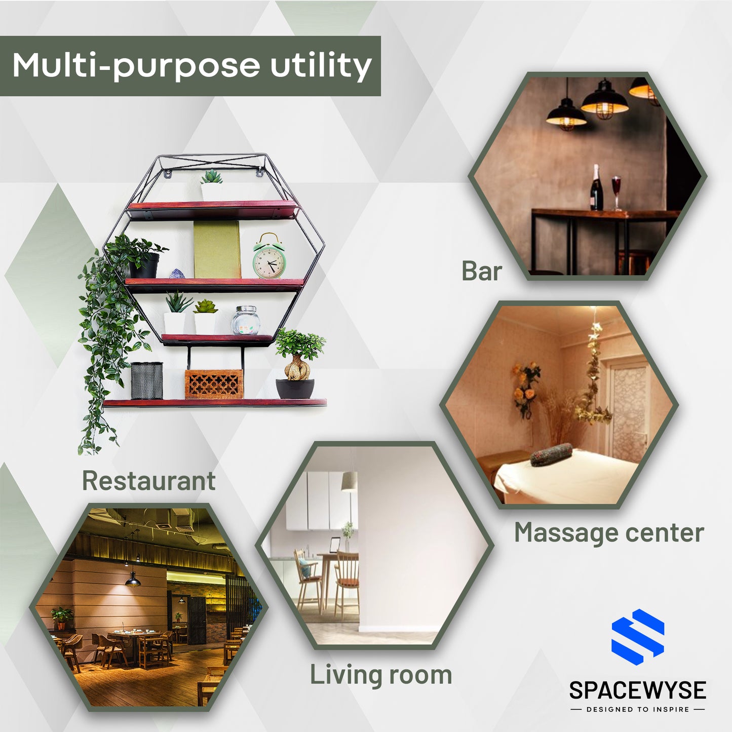 Hexagon Rustic Wood Bookshelf for Wall or Home Office