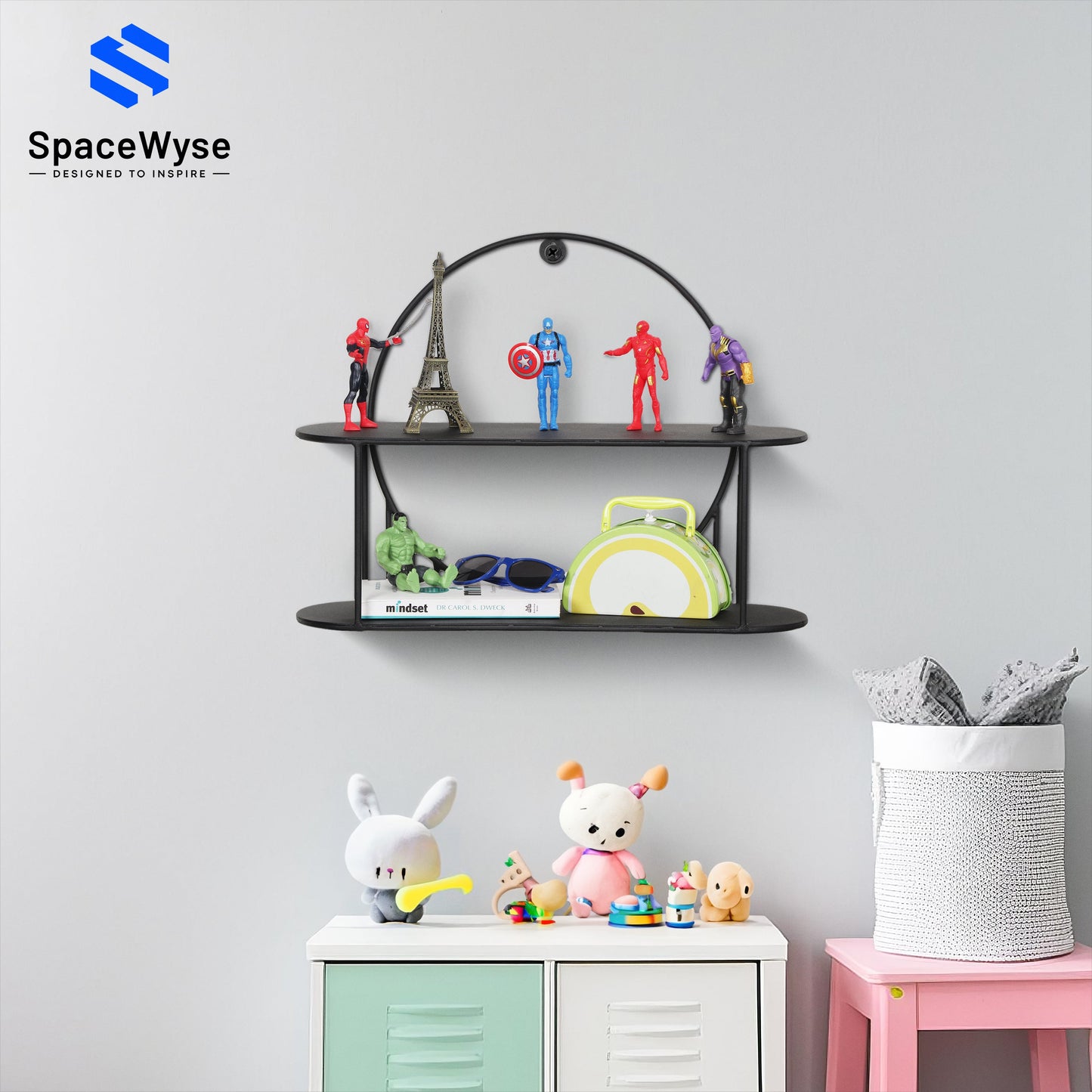 2 tier modern wall shelf | 20"x 6.8"x 15" | Black Metal | 1 Piece