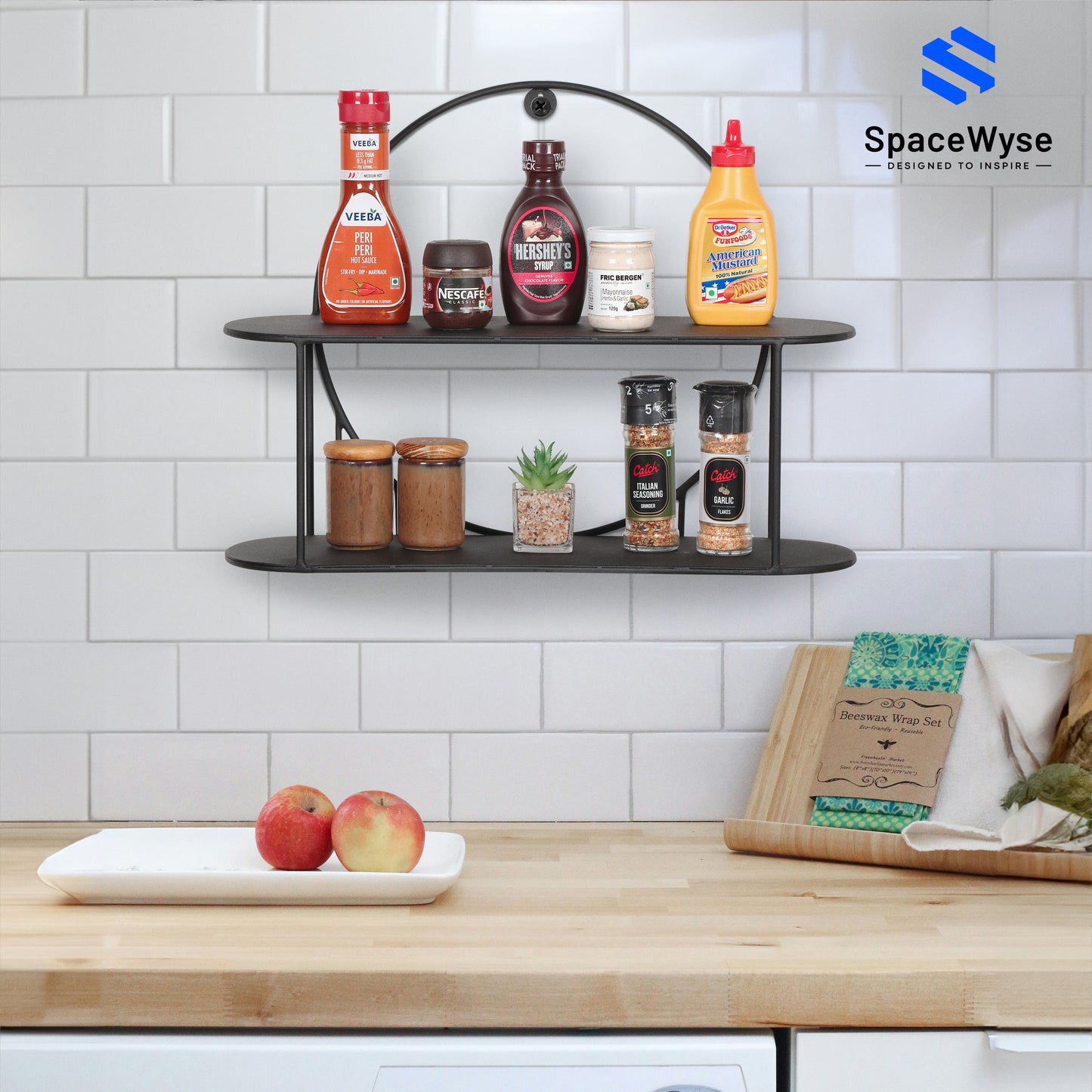 2 tier modern wall shelf | 20"x 6.8"x 15" | Black Metal | 1 Piece