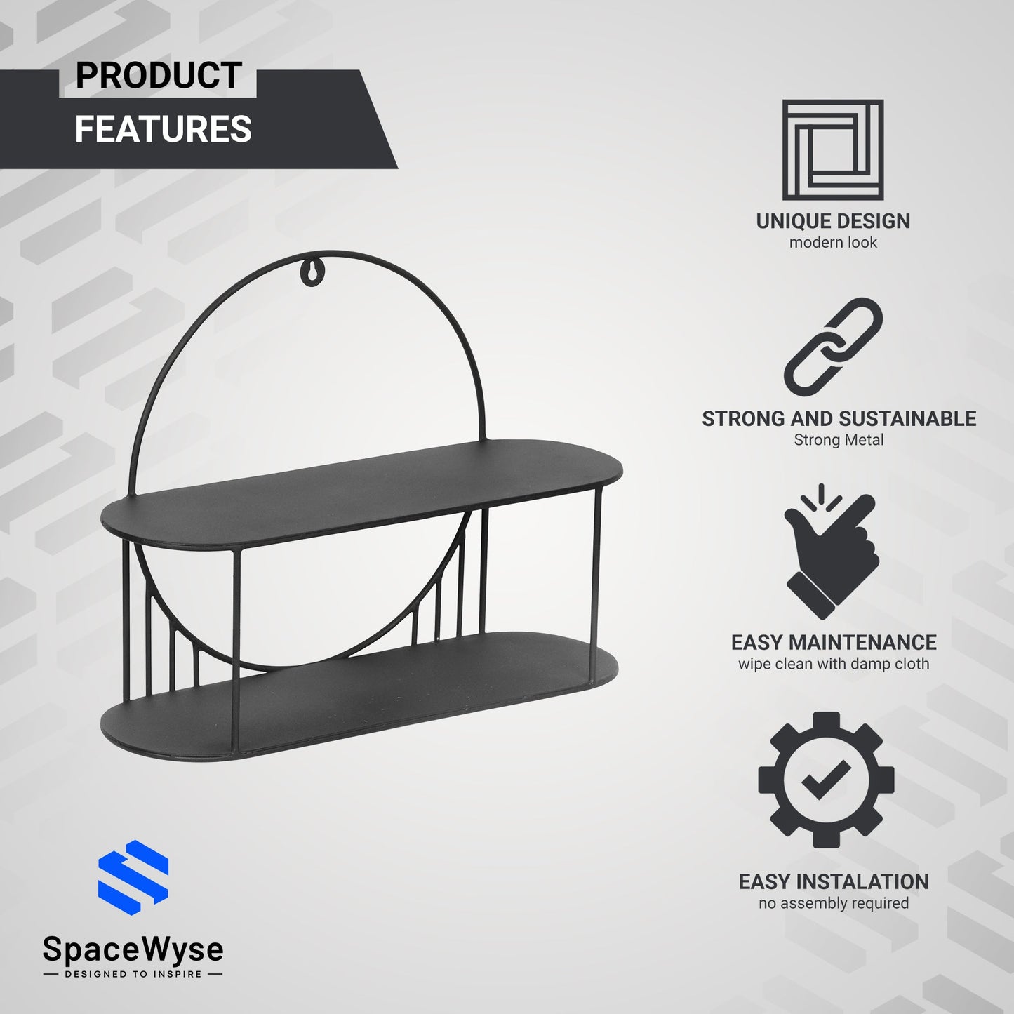 2 tier modern wall shelf | 20"x 6.8"x 15" | Black Metal | 1 Piece