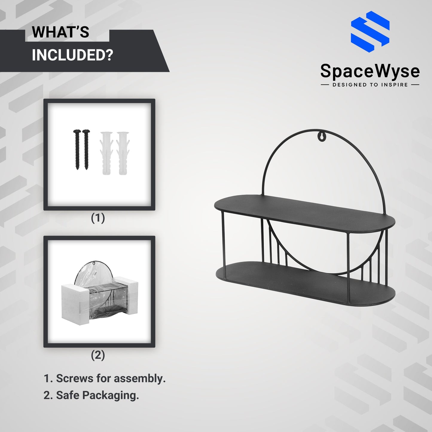 2 tier modern wall shelf | 20"x 6.8"x 15" | Black Metal | 1 Piece