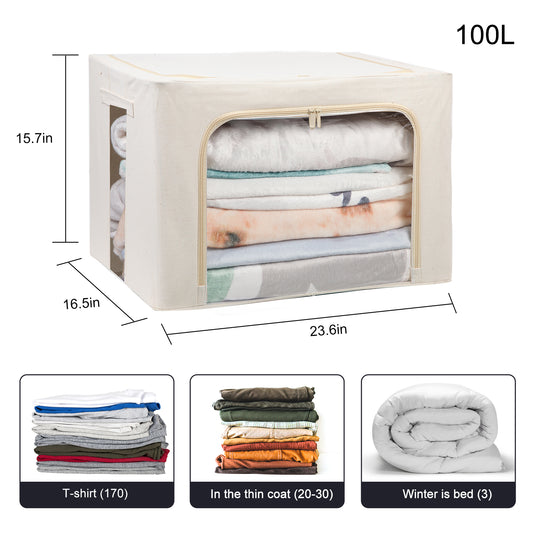 Foldable Storage Bins with zipper - 100L extra large - Linen mate for Bedding, Clothes, Blankets, throw rugs - Ideal for Linen Closet closet organizer