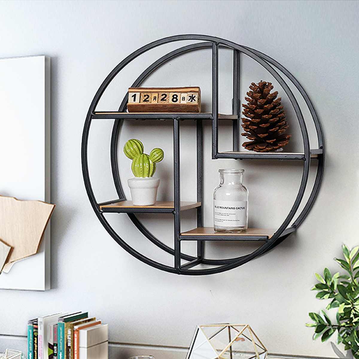 Industrial Style Wood Iron Round Floating Wall Shelf