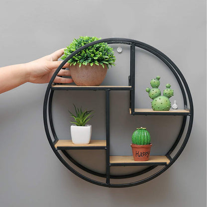 Industrial Style Wood Iron Round Floating Wall Shelf